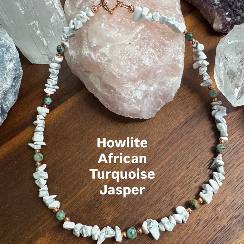 18” Howlite & African Turquoise Jasper Beaded Stone Necklace - Handcrafted